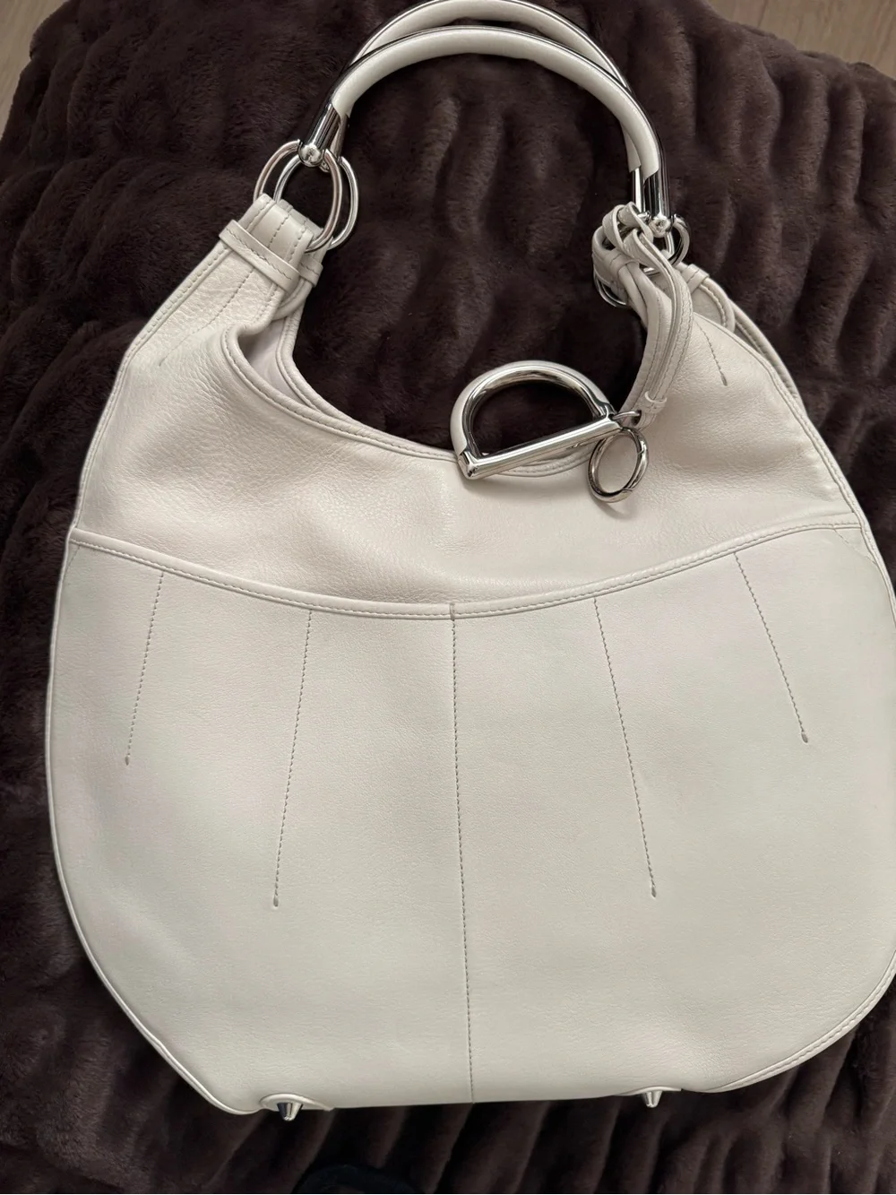Vintage Christian Dior D White Leather Hobo Bag Silver Hardware